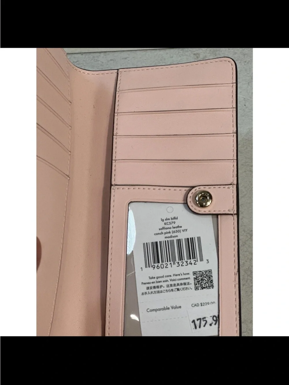 KATE SPADE Madison Large Slim Bifold Wallet Conch  Pink (650)Saffiano Leather